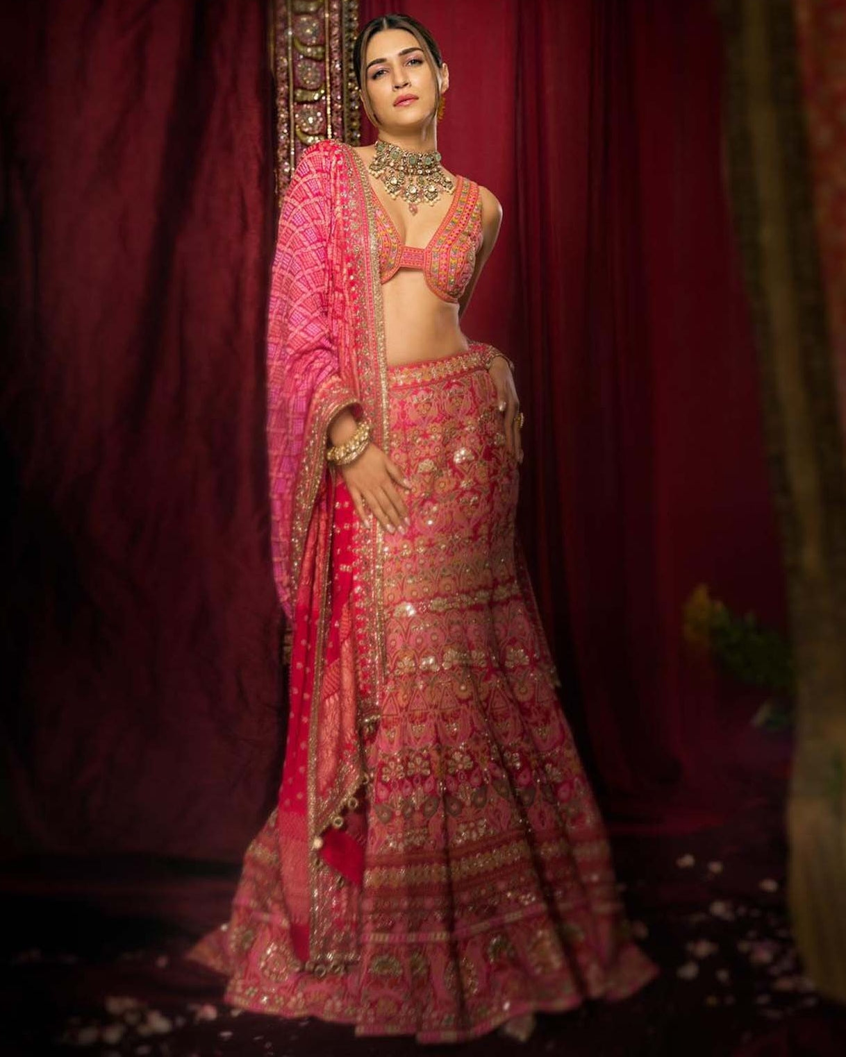 Bright Pink Mirror & Multi Thread Lehenga Set