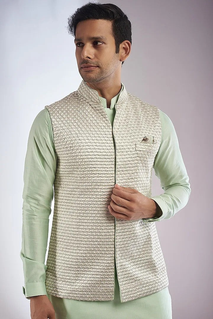 Sea Green Embroidered Kurta Set With Bandi