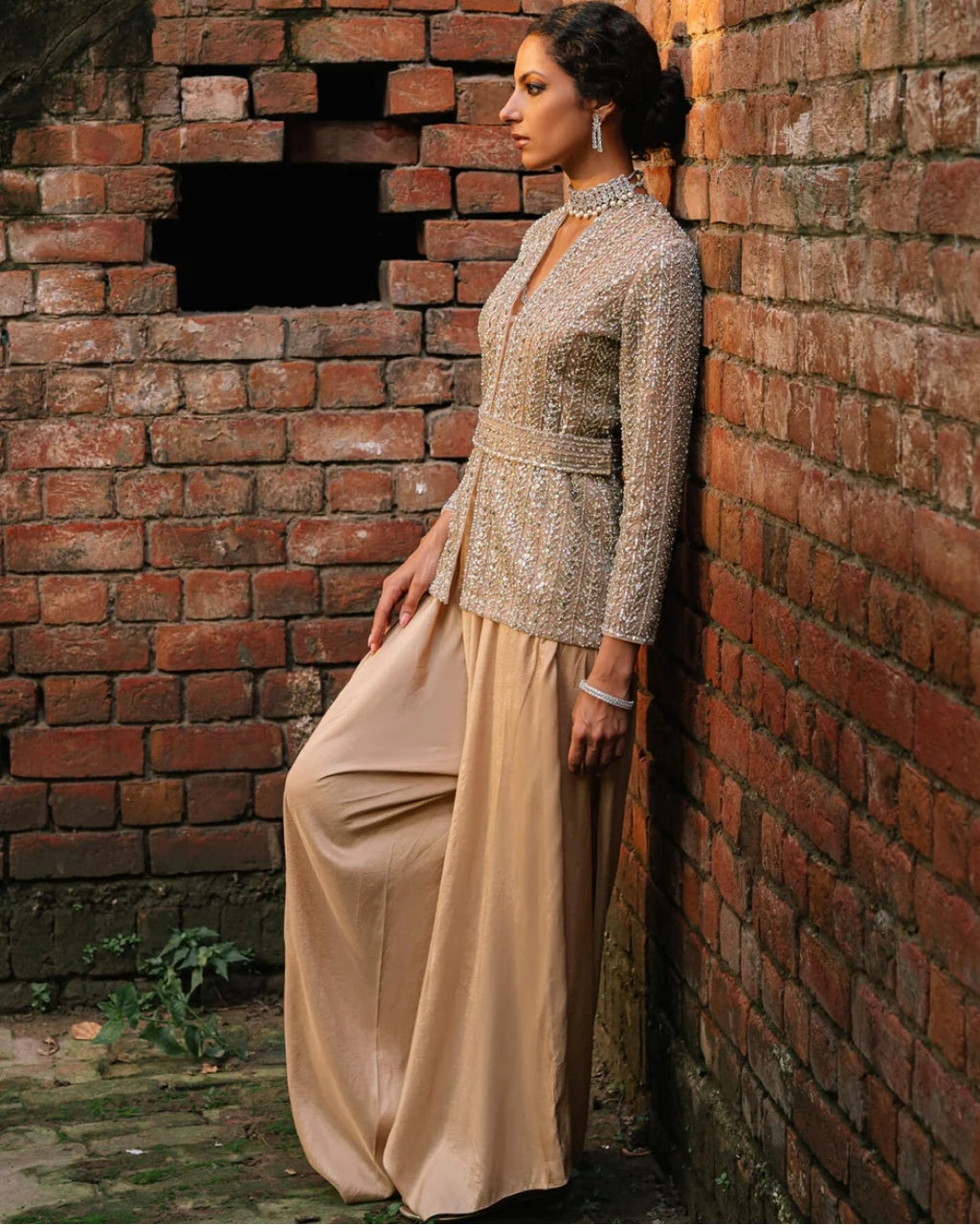 Nude Raw Silk Jacket And Drape Pant Set