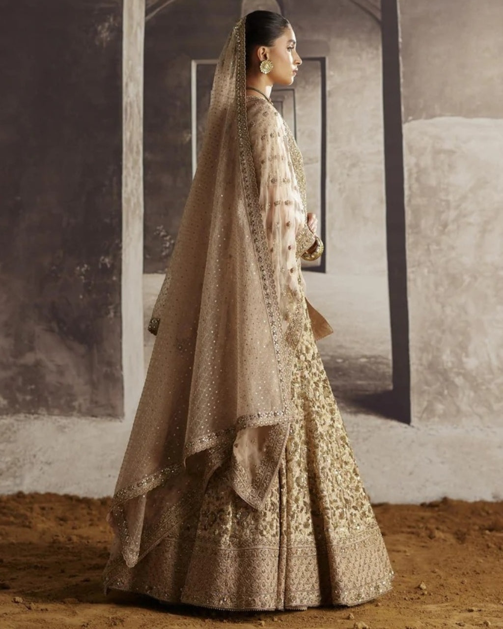 Ivory-Gold Sequin Jaal Lehenga