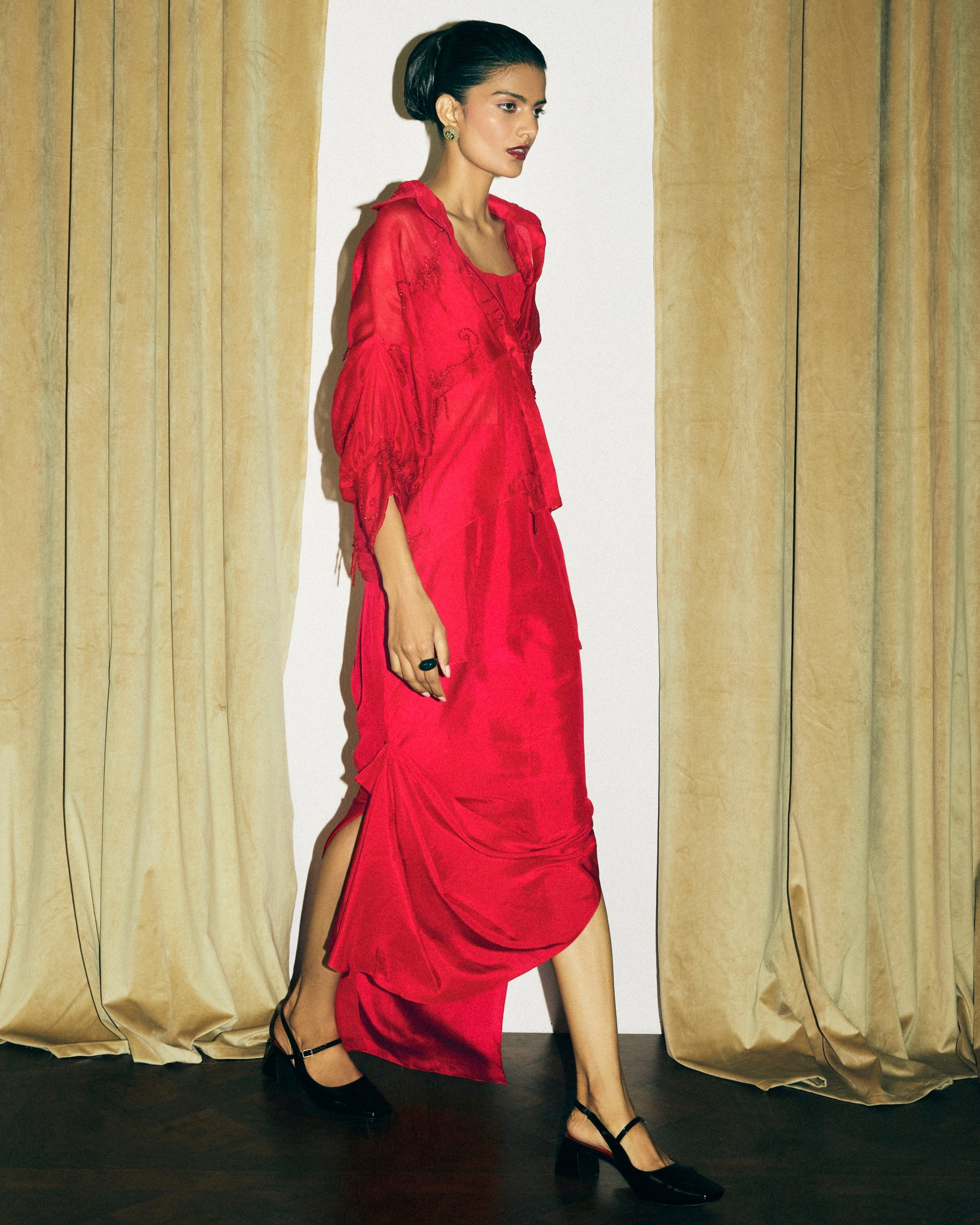 Cherry Red Bolero Jacket With Bustier And Daria Skirt