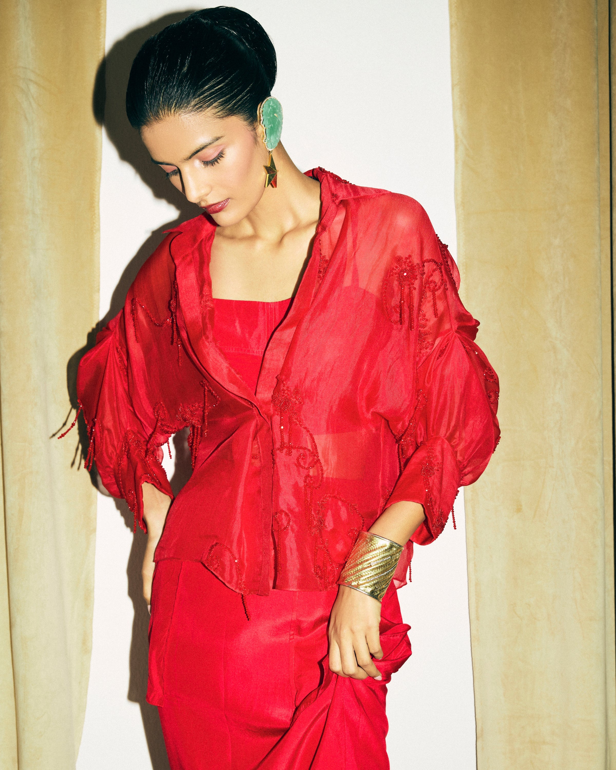 Cherry Red Bolero Jacket With Bustier And Daria Skirt