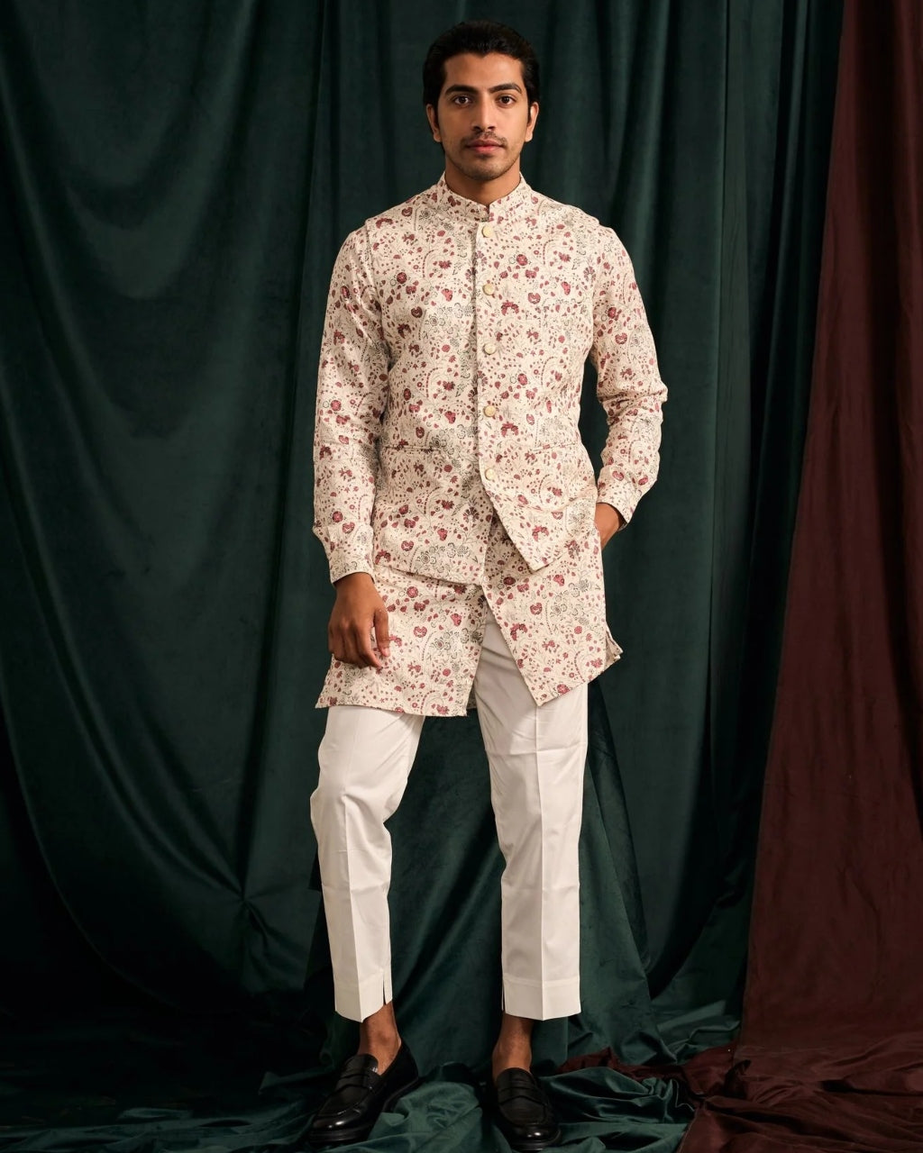 Rosewood Wisteria Cotton Kurta With Cream Pajama Set