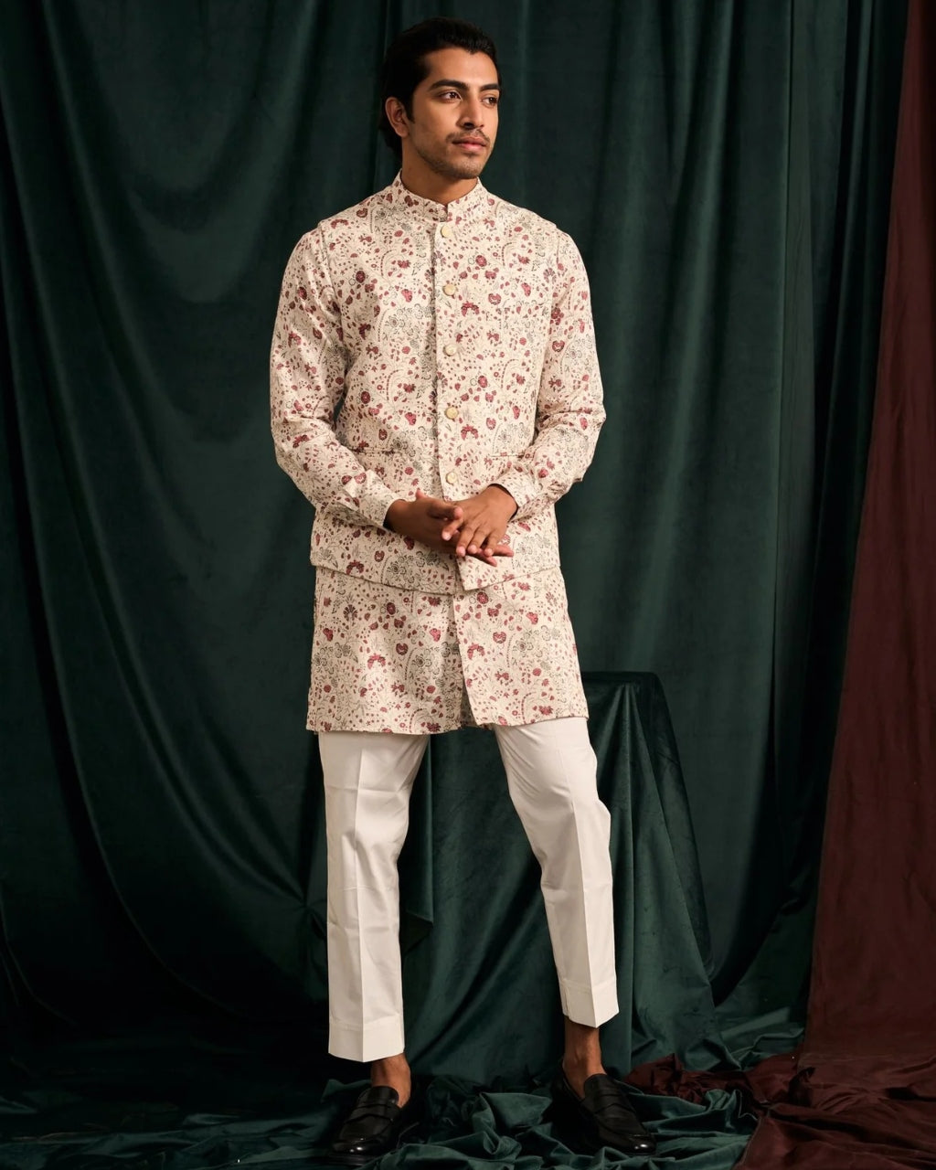 Rosewood Wisteria Cotton Kurta With Cream Pajama Set