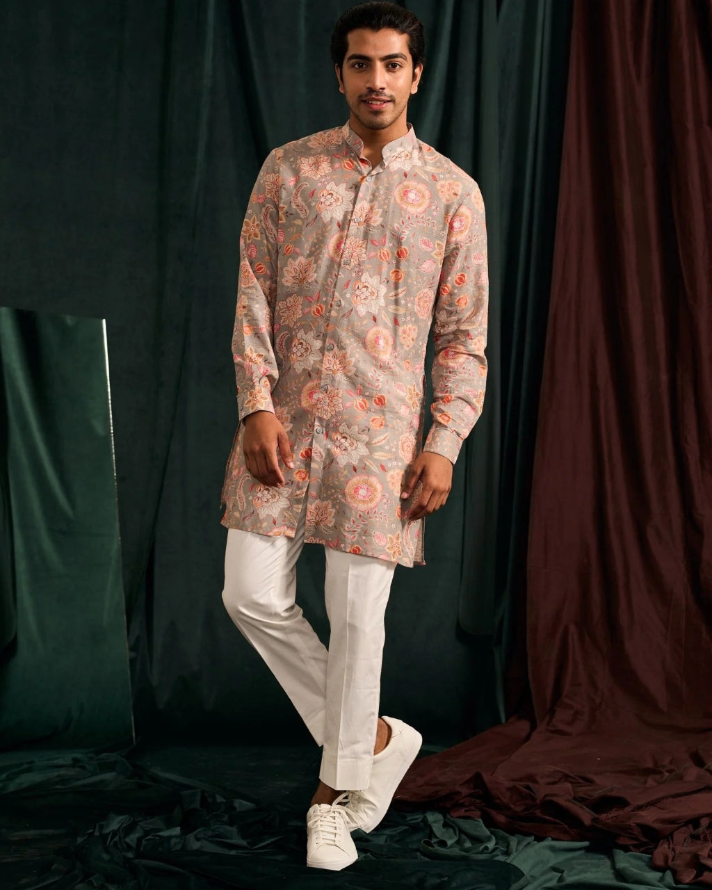 Stone Versailles Cotton Linen Kurta With Cream Pajama Set