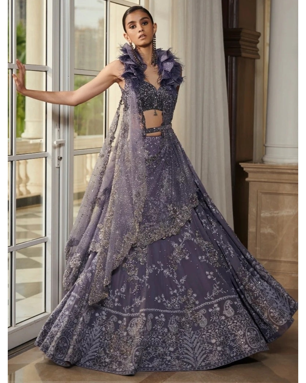 Nylah Leaden Blue Chikankari Chiffon Lehenga Set