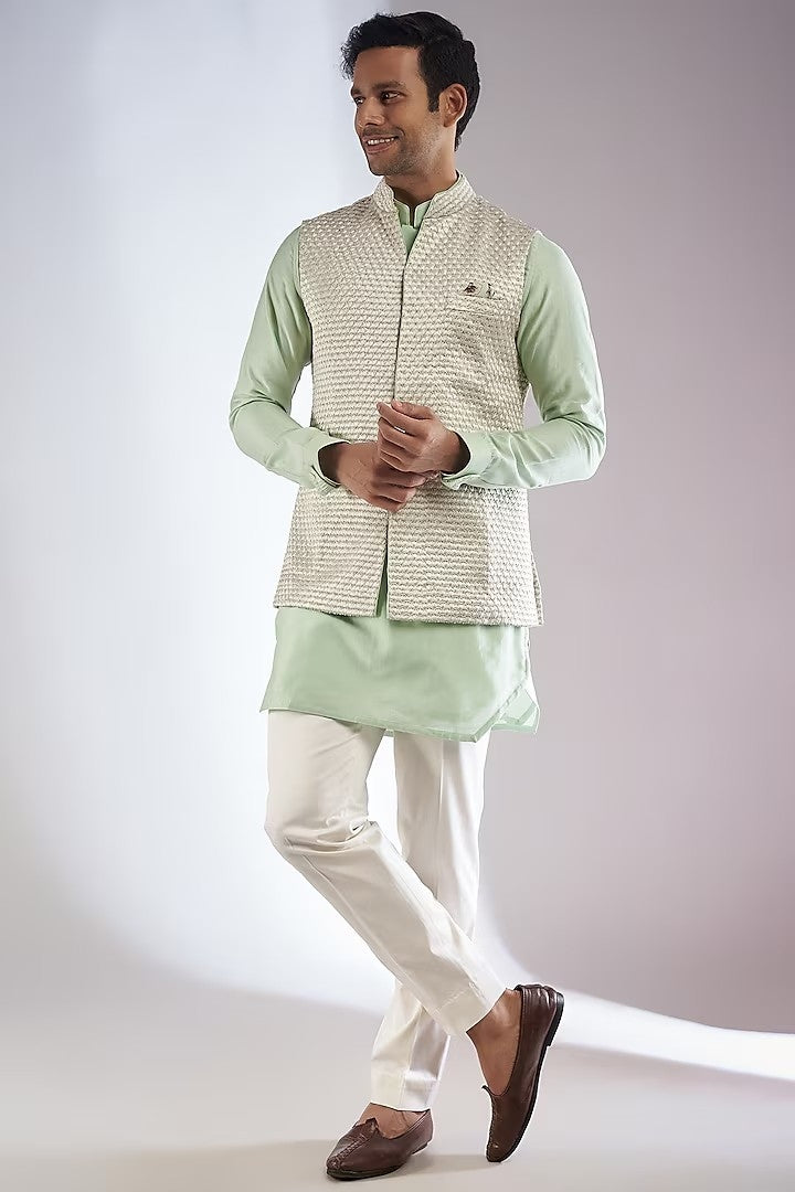 Sea Green Embroidered Kurta Set With Bandi