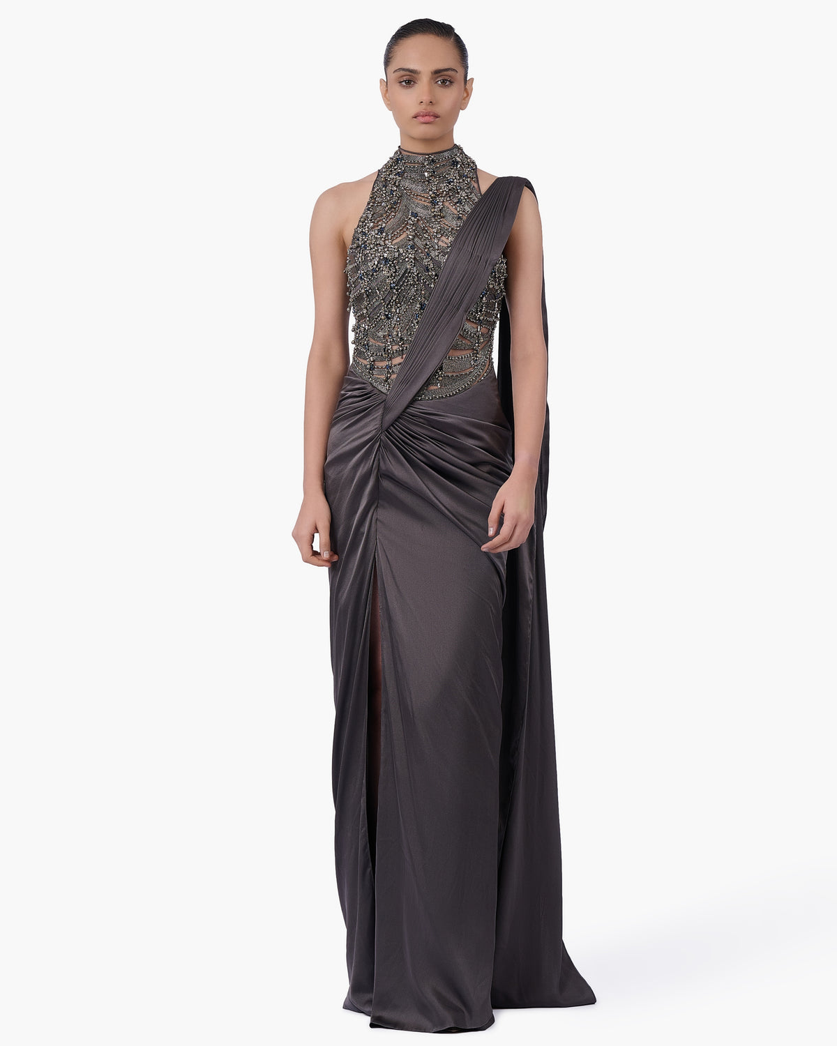 The High-Neck Embellished Sari Gown