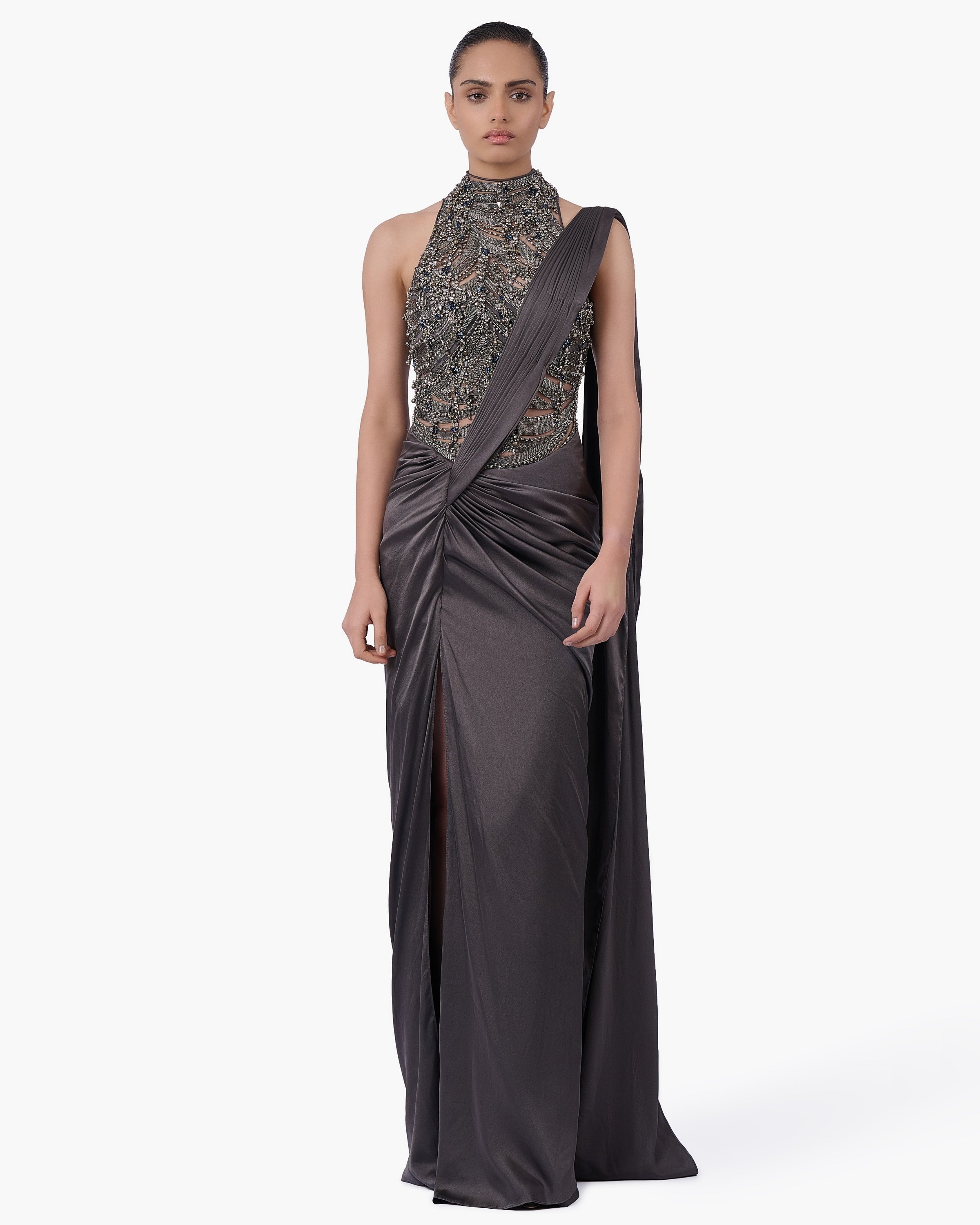 The High-Neck Embellished Sari Gown
