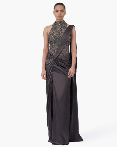 The High-Neck Embellished Sari Gown