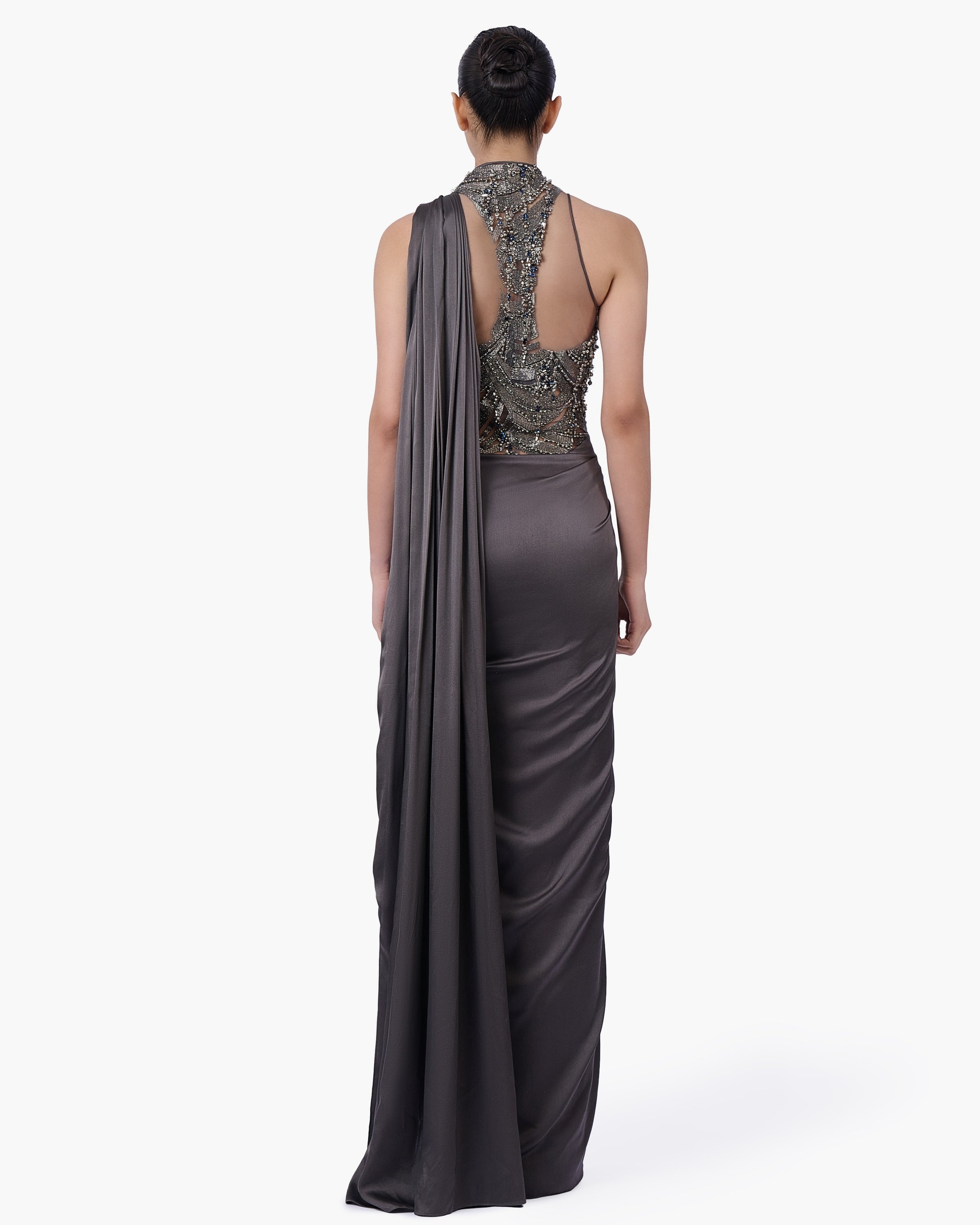 The High-Neck Embellished Sari Gown
