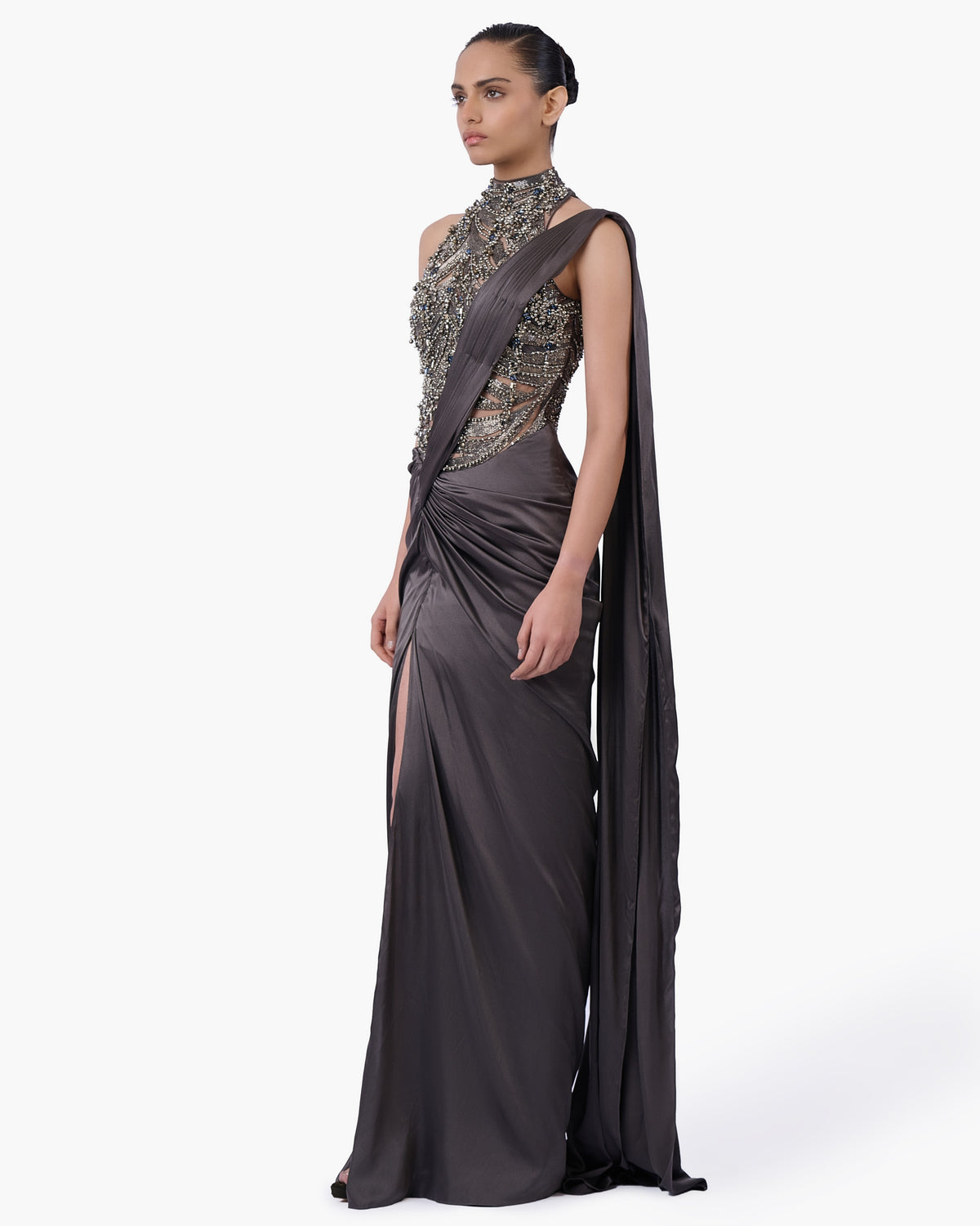 The High-Neck Embellished Sari Gown