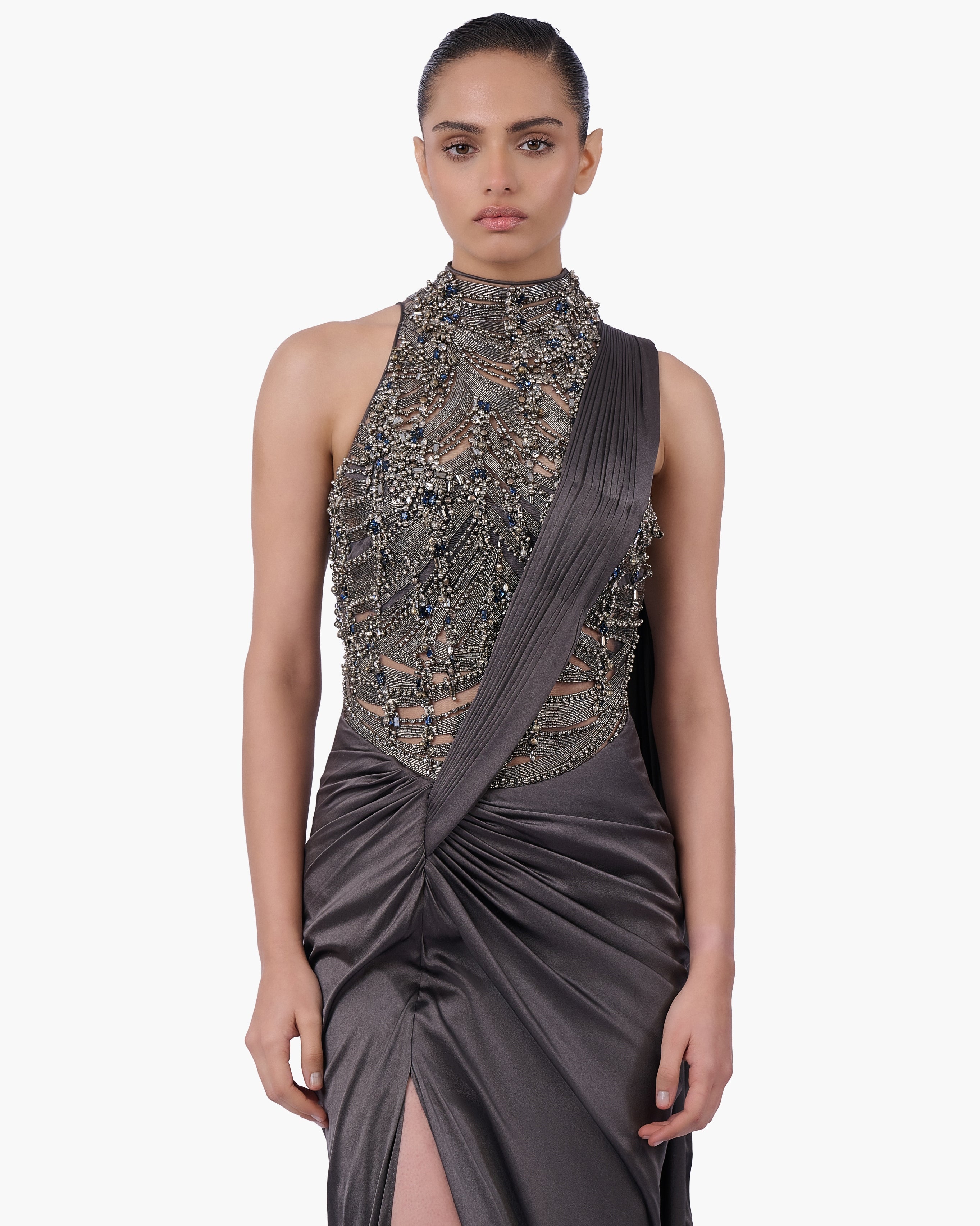 The High-Neck Embellished Sari Gown