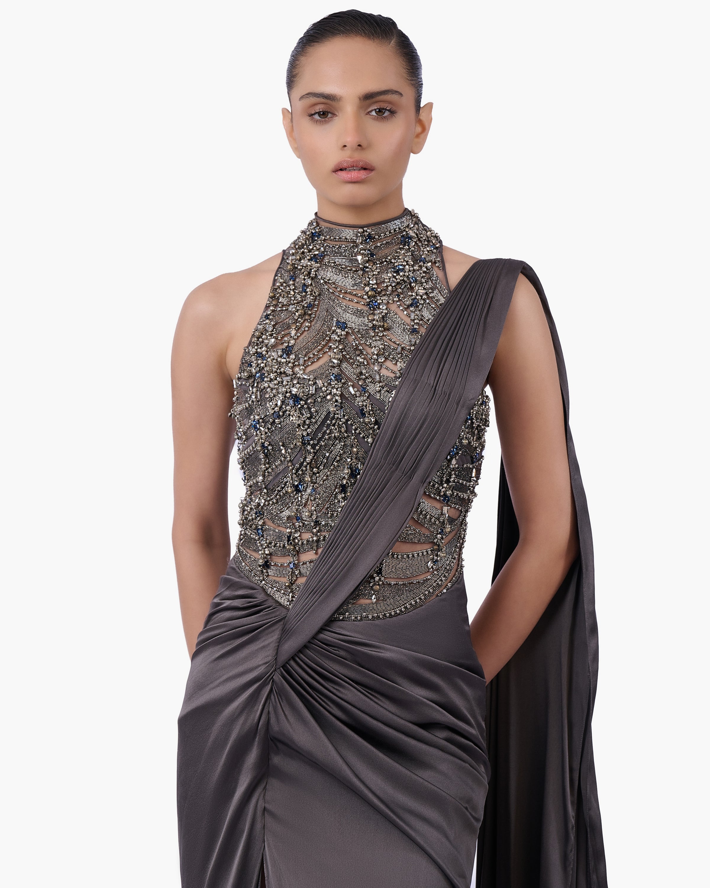 The High-Neck Embellished Sari Gown