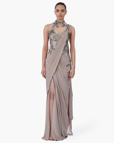 The Embellished Metallic Sari Gown
