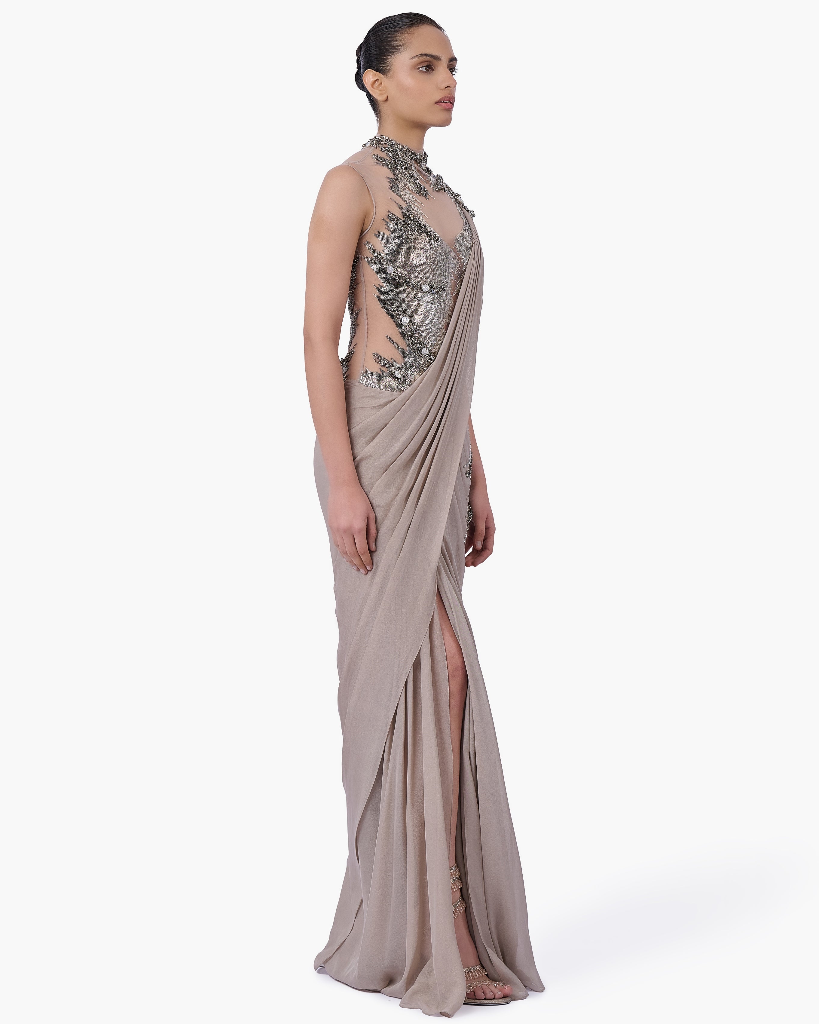 The Embellished Metallic Sari Gown