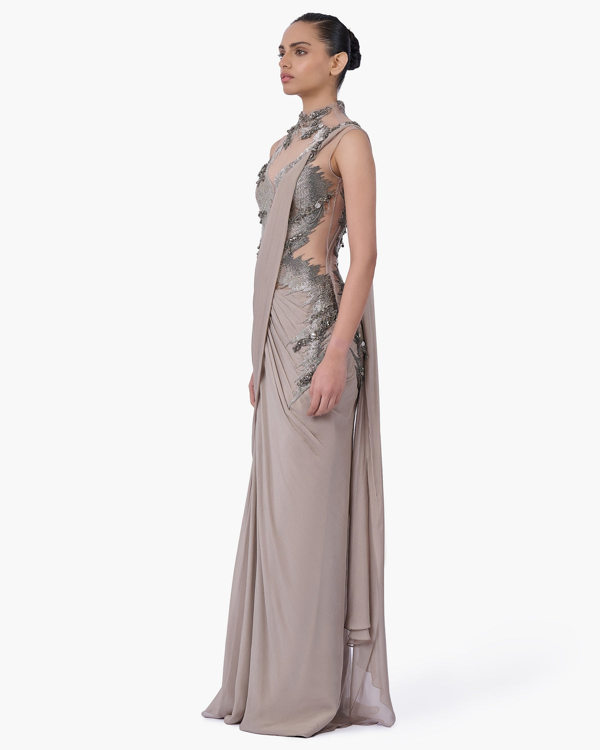 The Embellished Metallic Sari Gown