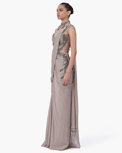 The Embellished Metallic Sari Gown