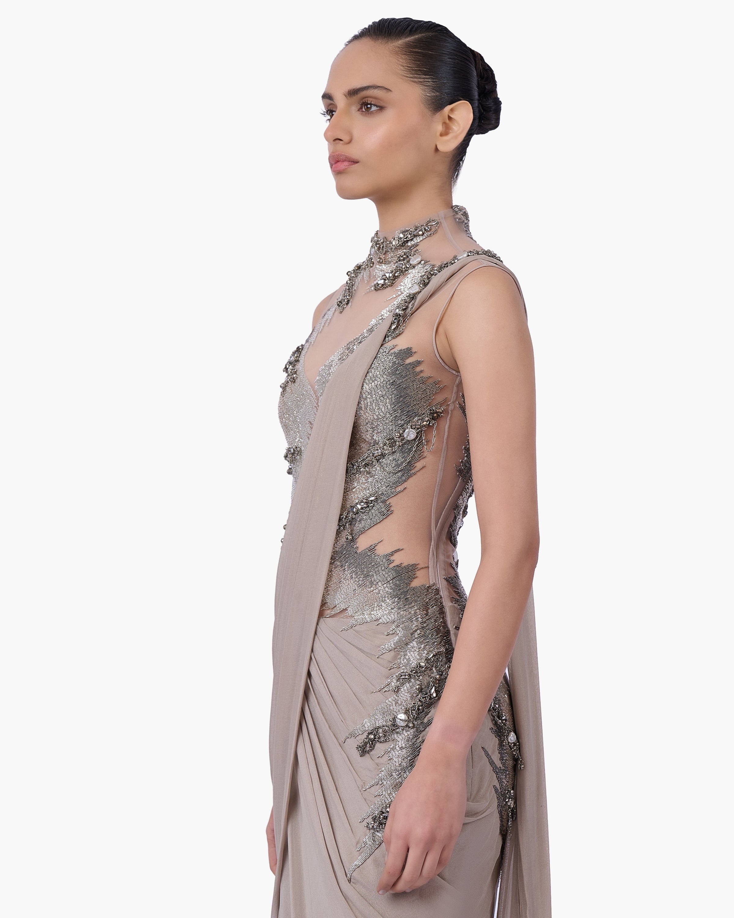 The Embellished Metallic Sari Gown