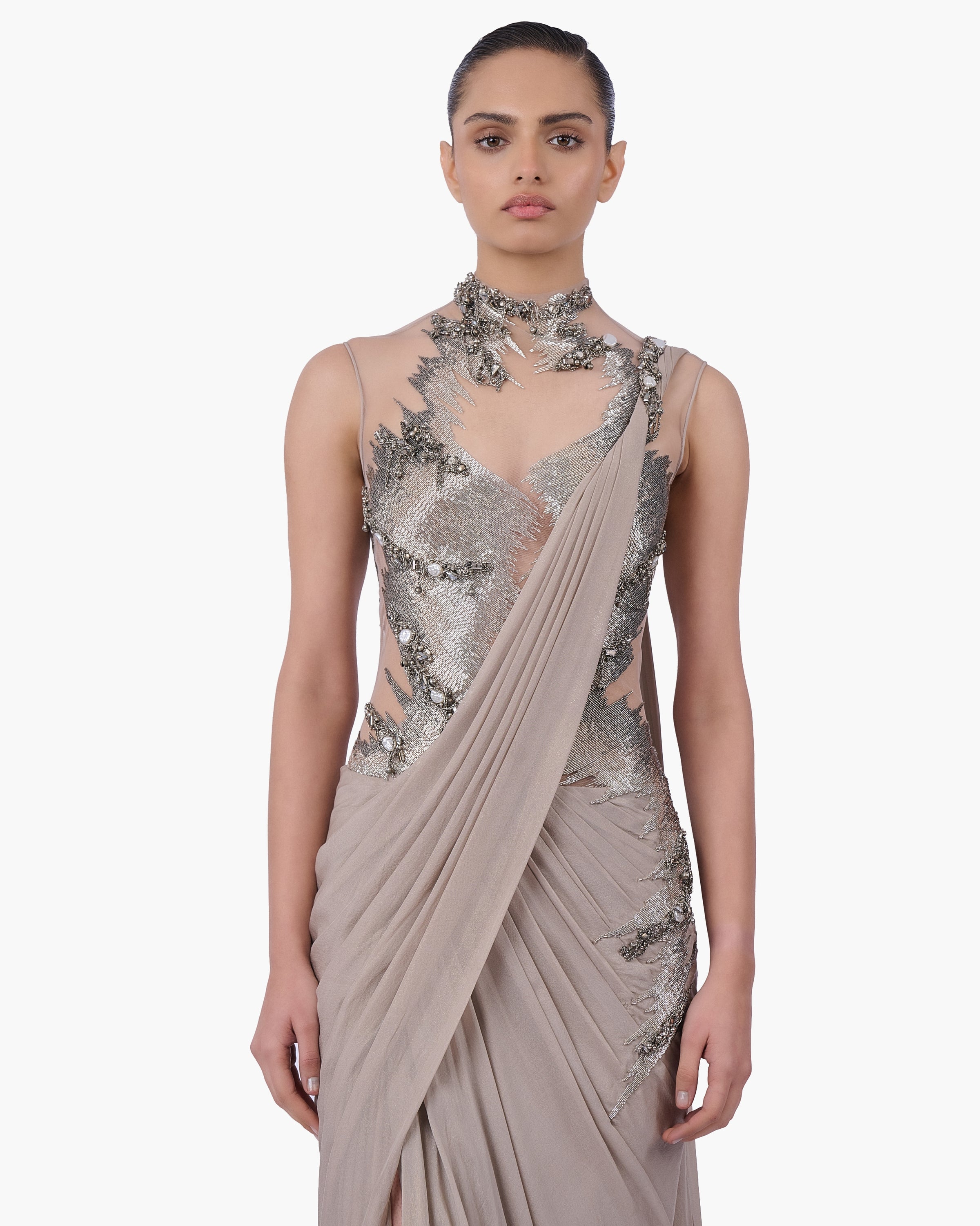 The Embellished Metallic Sari Gown