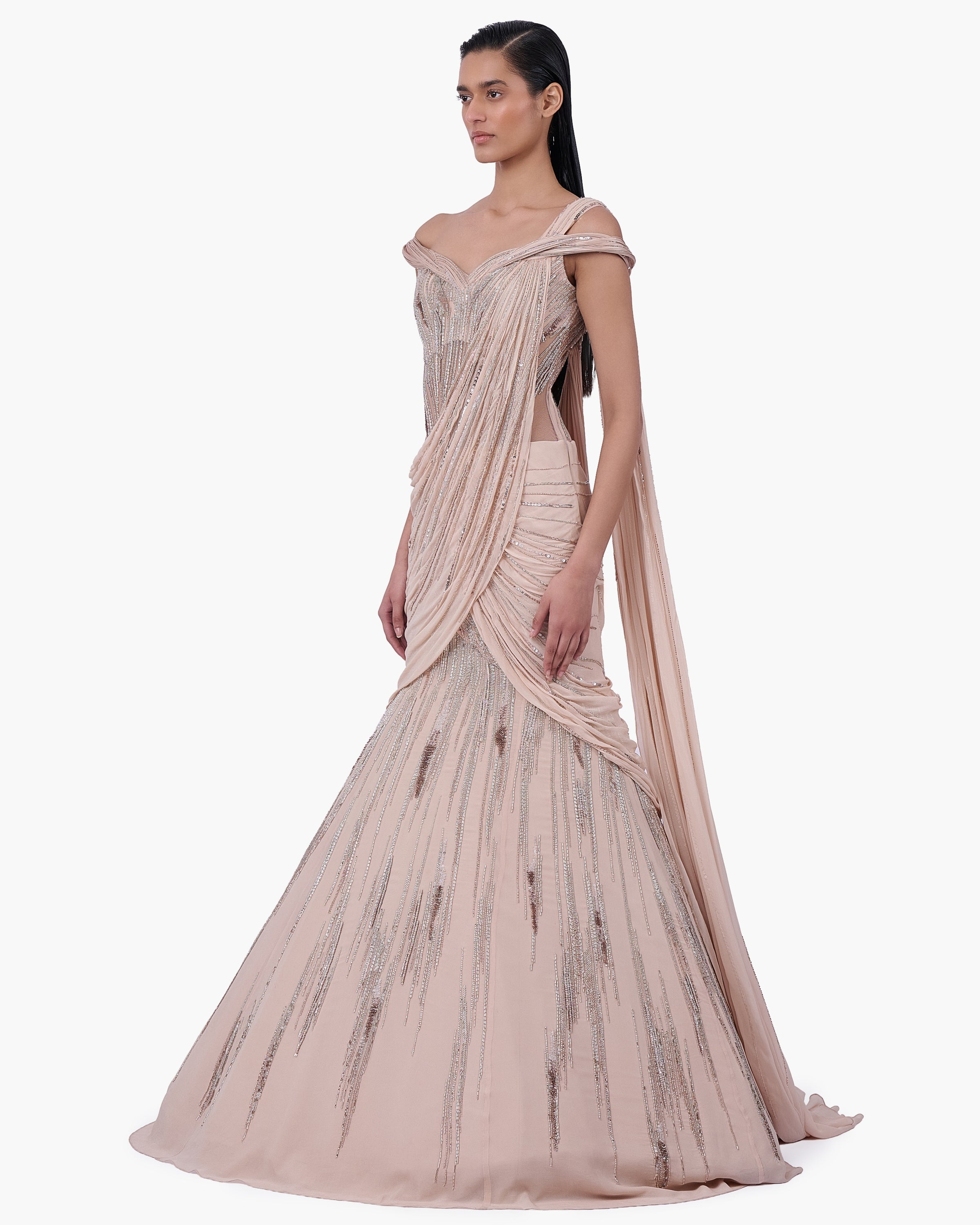 The Champagne Veil Sari Lehenga