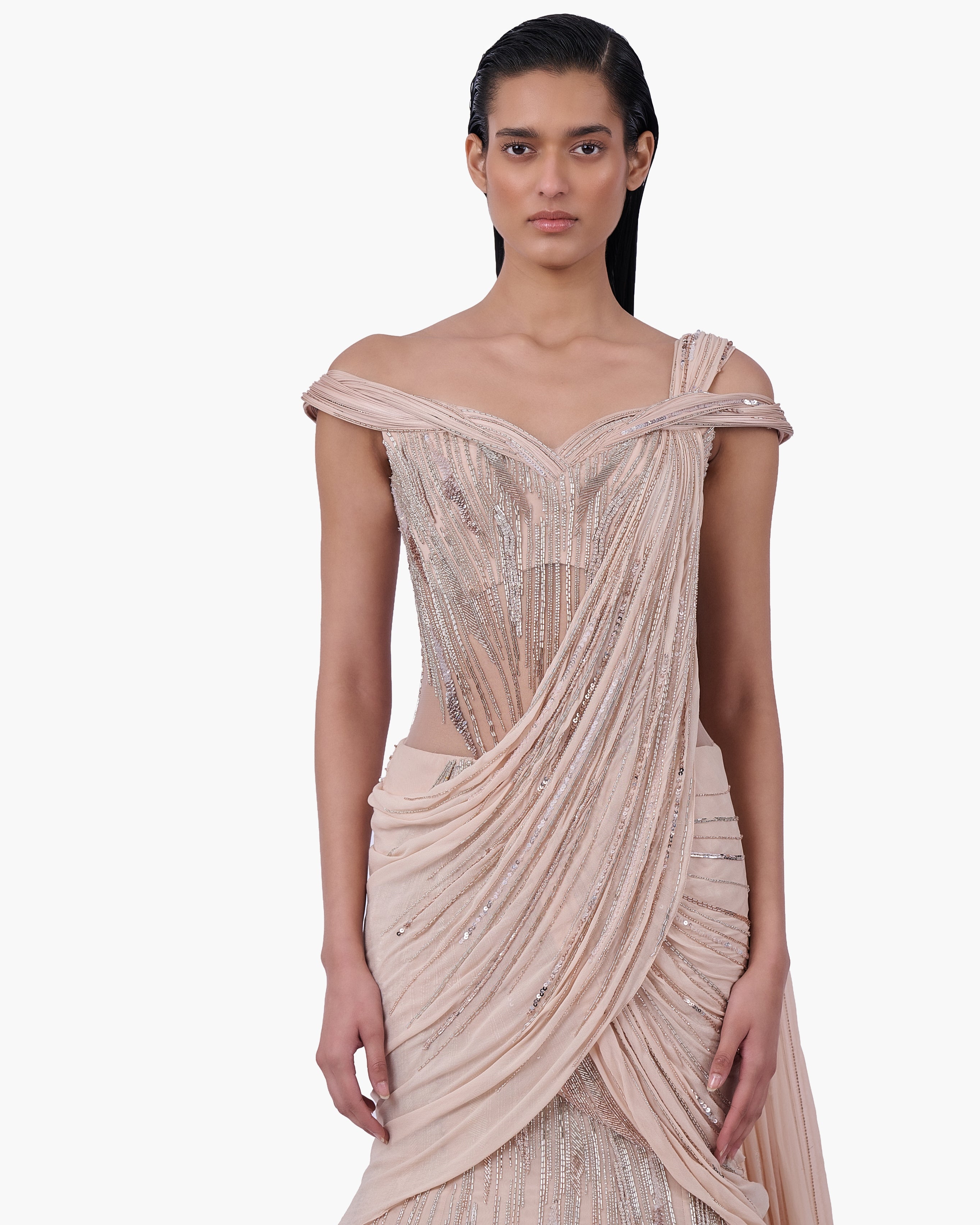The Champagne Veil Sari Lehenga