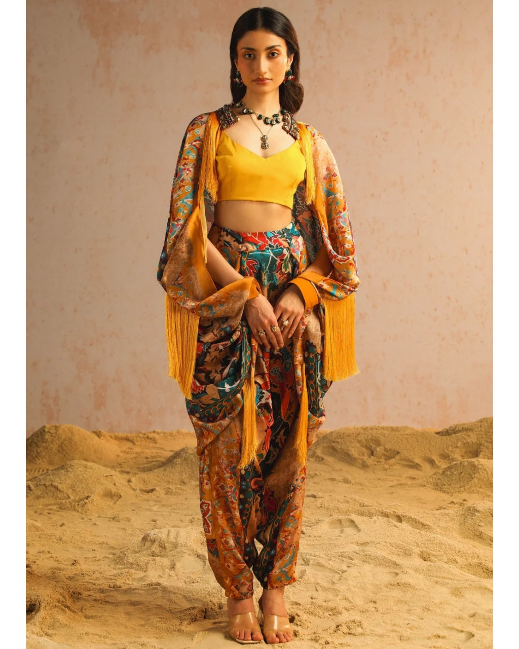 Mustard Yellow Harem Pants With Blouse And Cape Set