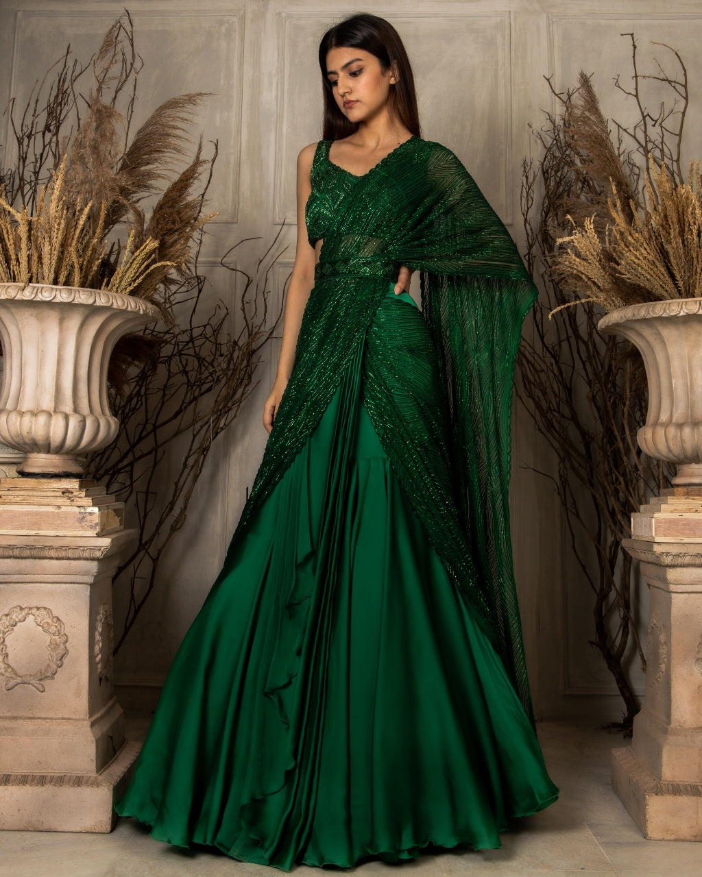 Emerald Green Agafya Lehenga Sari Set