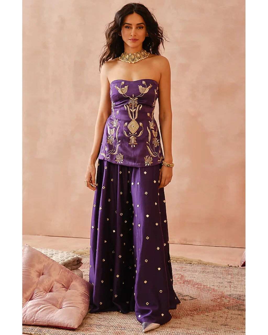 Purple Embroidered Kurta With Sharara