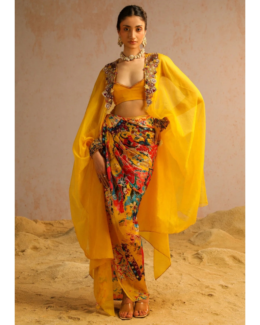 Yellow Draped Skirt With Blouse And Cape Set