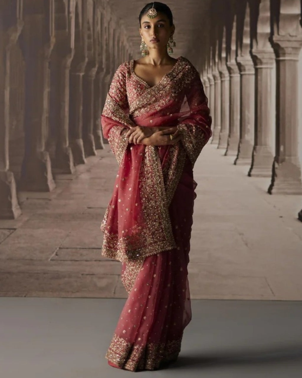 Red Sari With Jaal Blouse