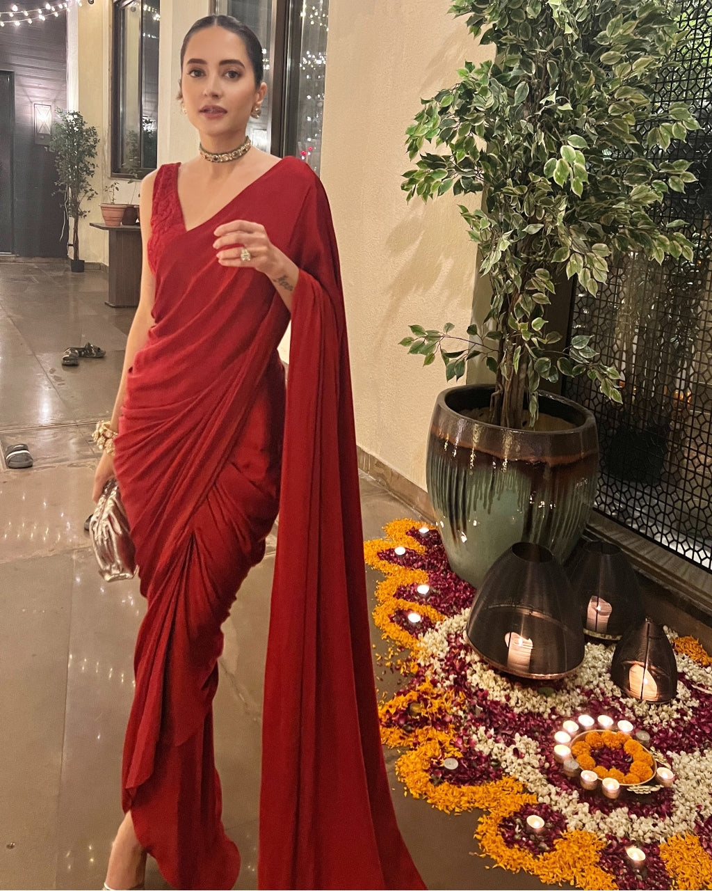 Red Satin Pre Draped Sari