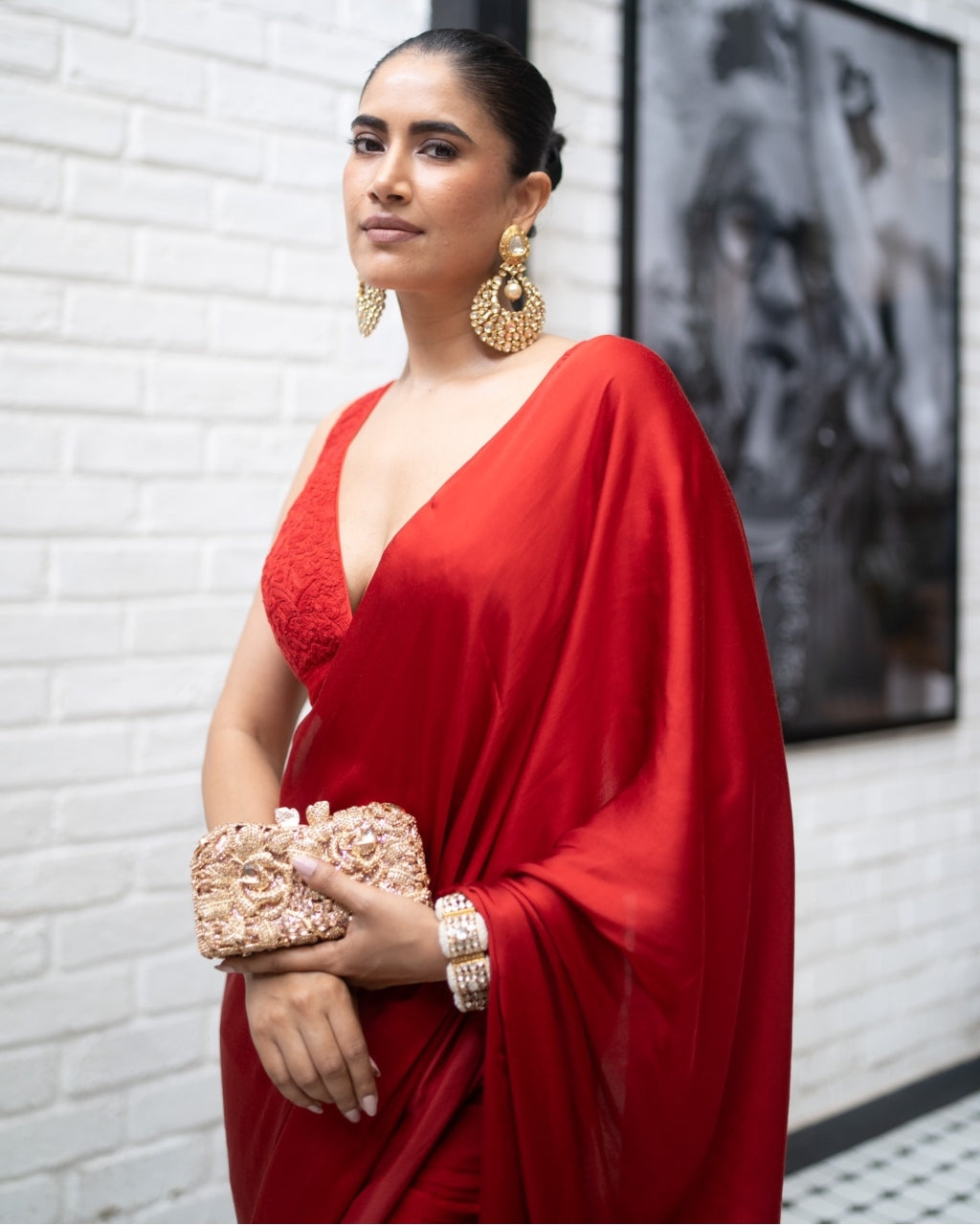 Red Satin Pre Draped Sari