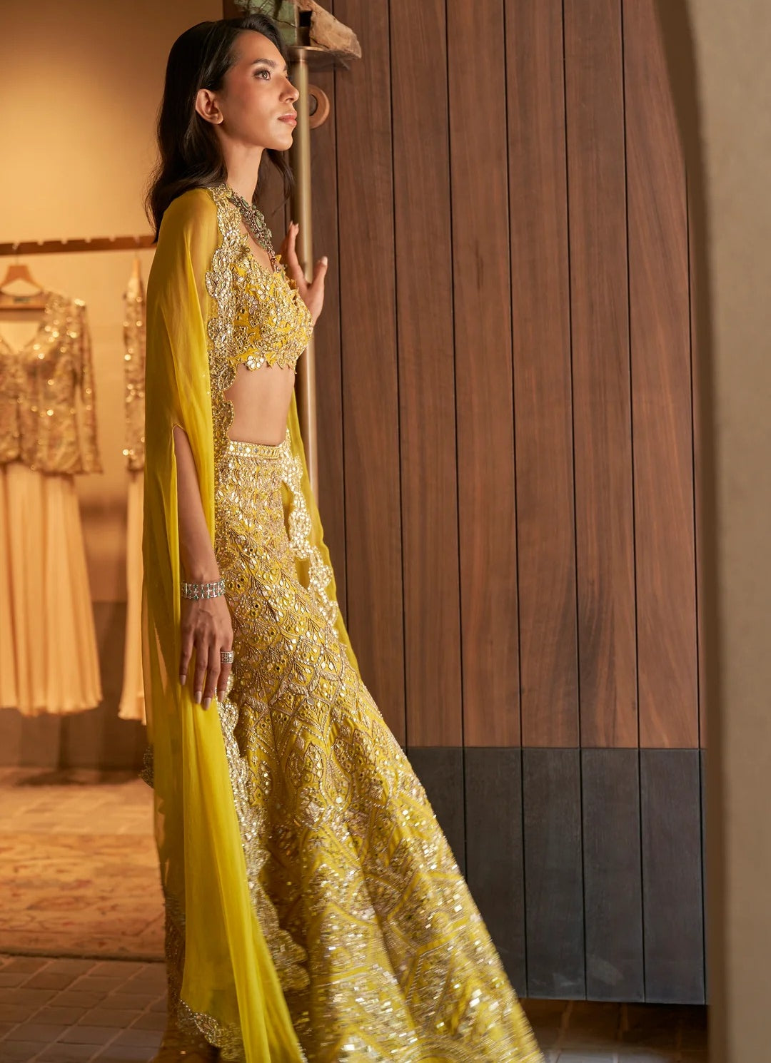 Yellow Raw Silk High Waist Sharara Cape Set