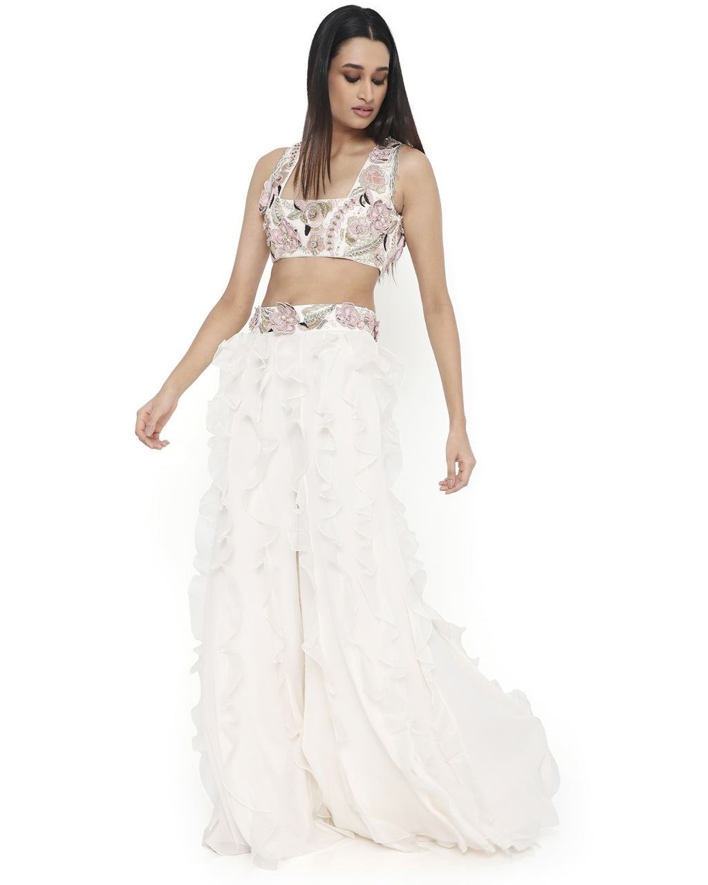 Off White Embroidered Choli And Ruffle Sharara Set