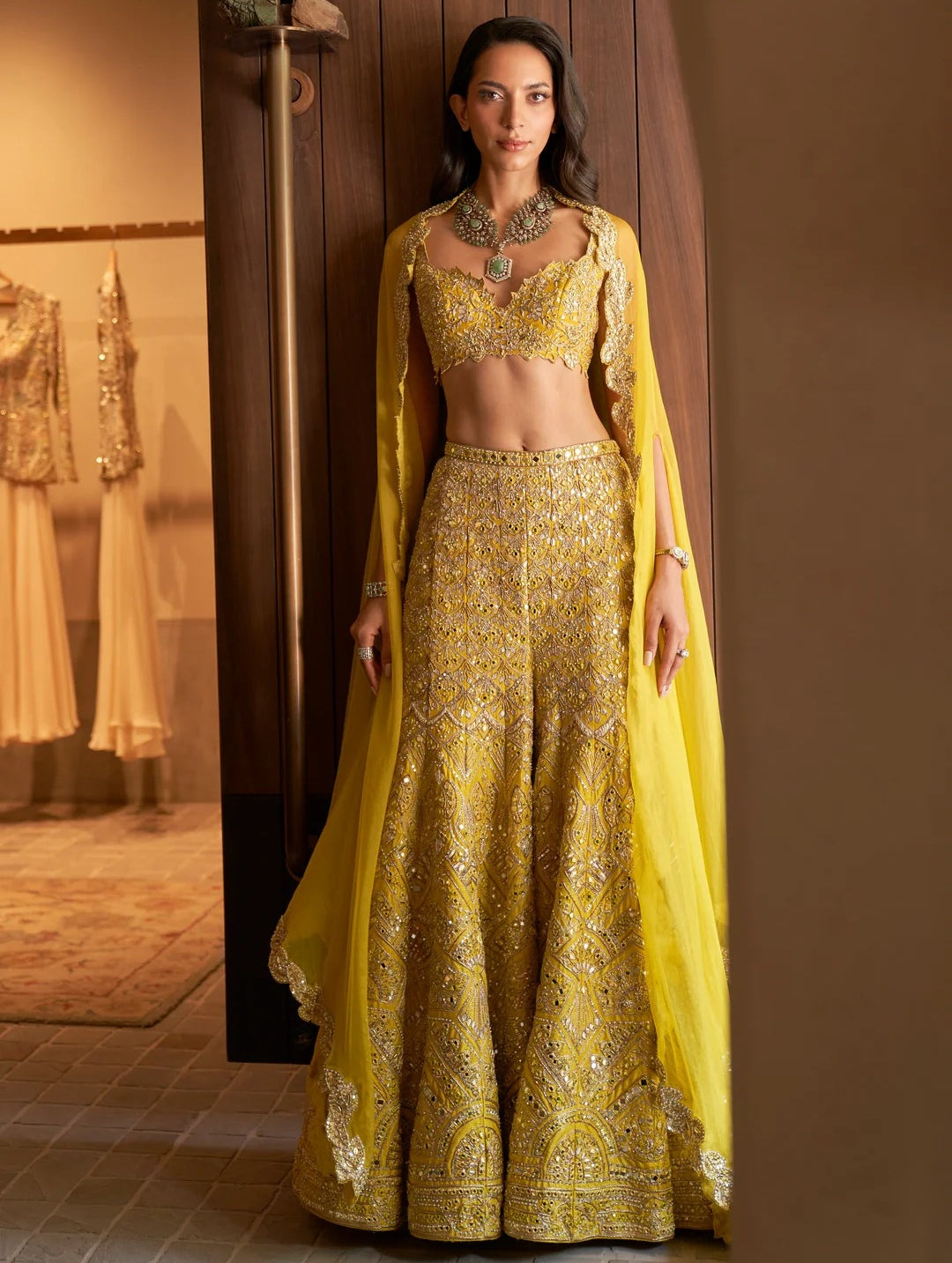 Yellow Raw Silk High Waist Sharara Cape Set