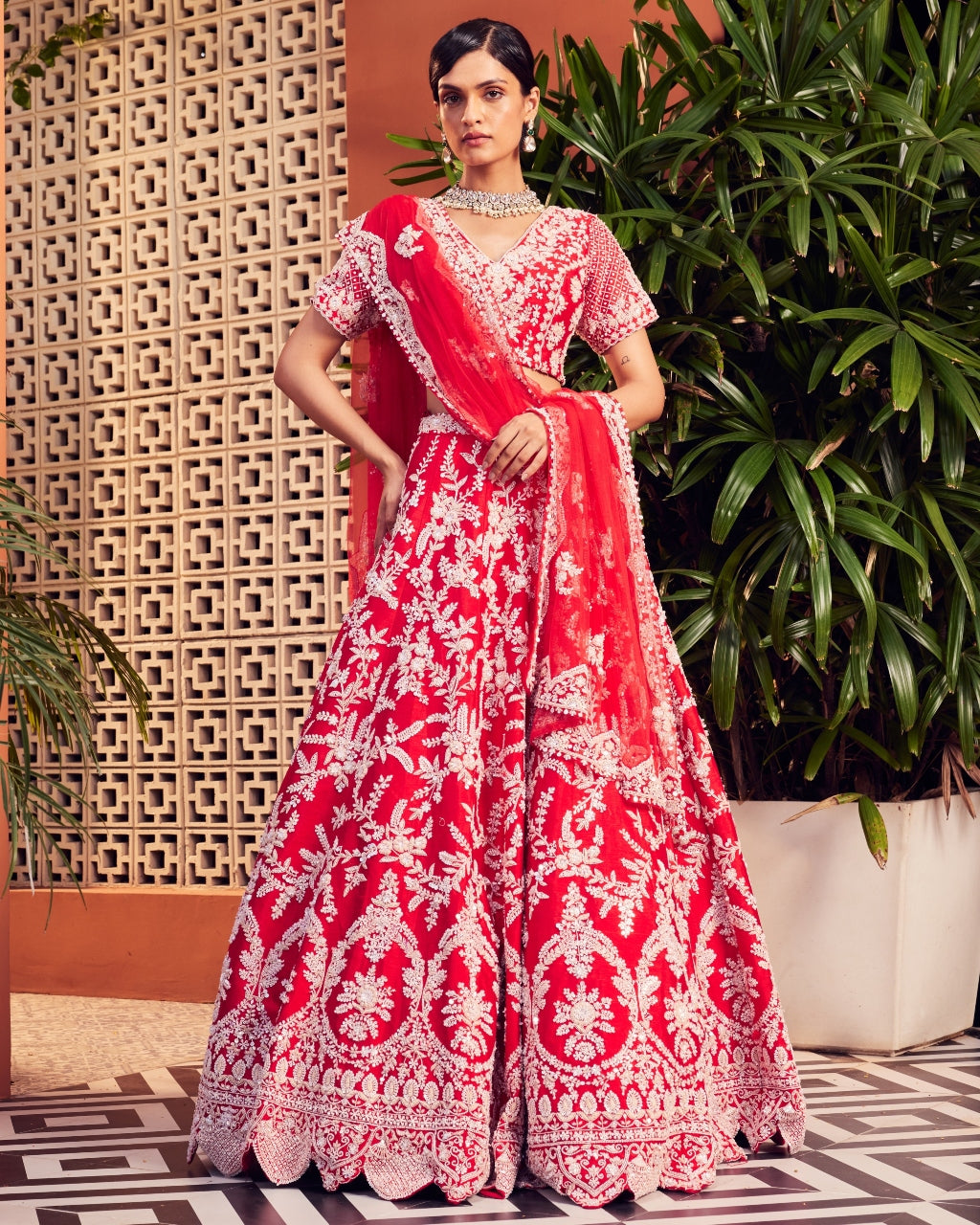 Red Slash Lehenga Set