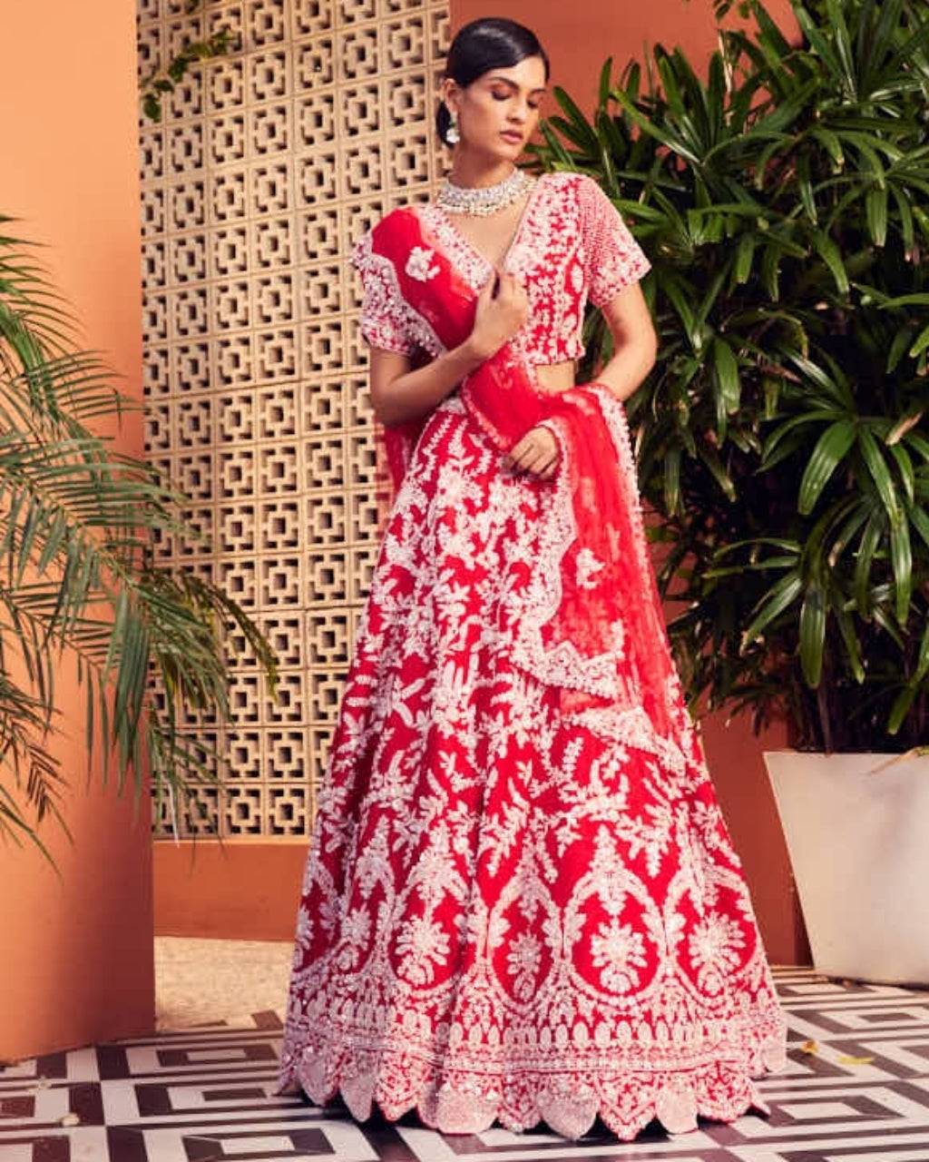 Red Slash Lehenga Set