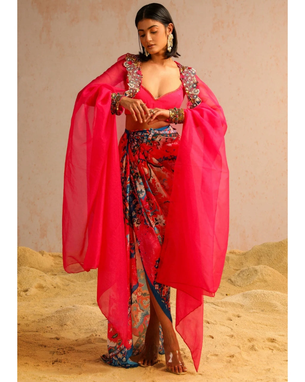 Hot Pink Draped Skirt With Blouse And Cape Set