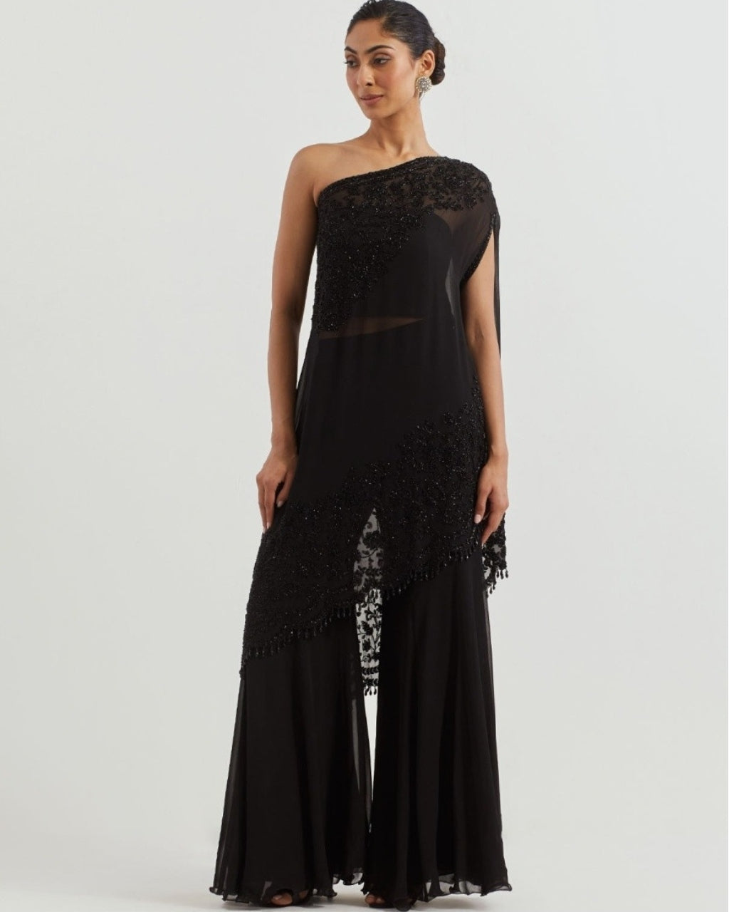 Black One Shoulder Cape With Sharara Set