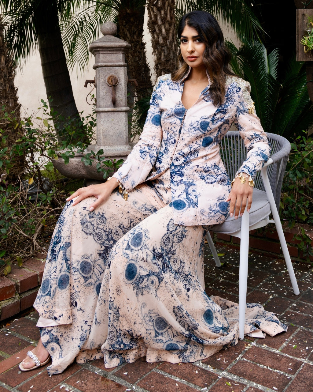 Champagne Blue Blossom Print Embroidered Jacket Top And Gharara Set