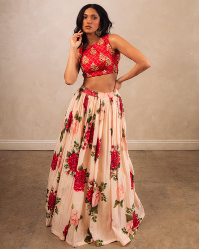 Red Printed Crop Top And A Peach Printed Skirt
