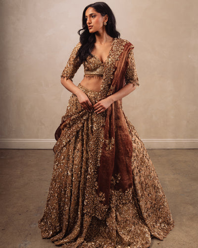 Gold Heavily Embroidered Lehenga Set With Rust Dupatta