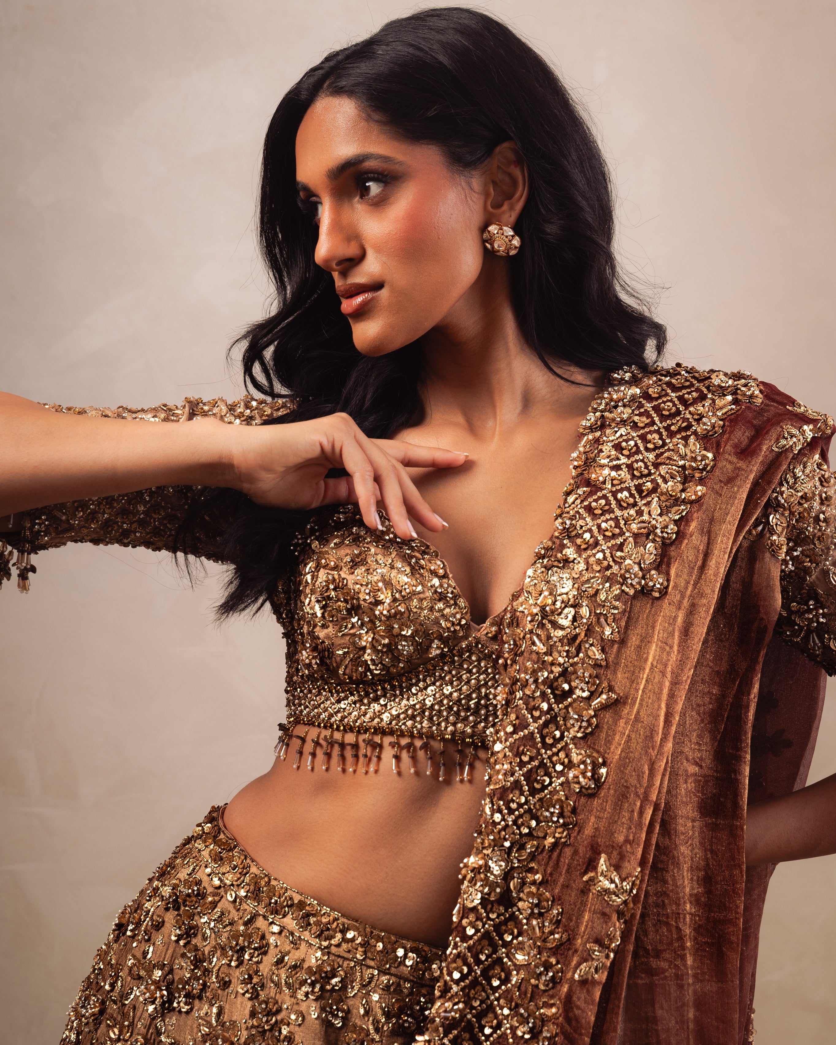 Gold Heavily Embroidered Lehenga Set With Rust Dupatta
