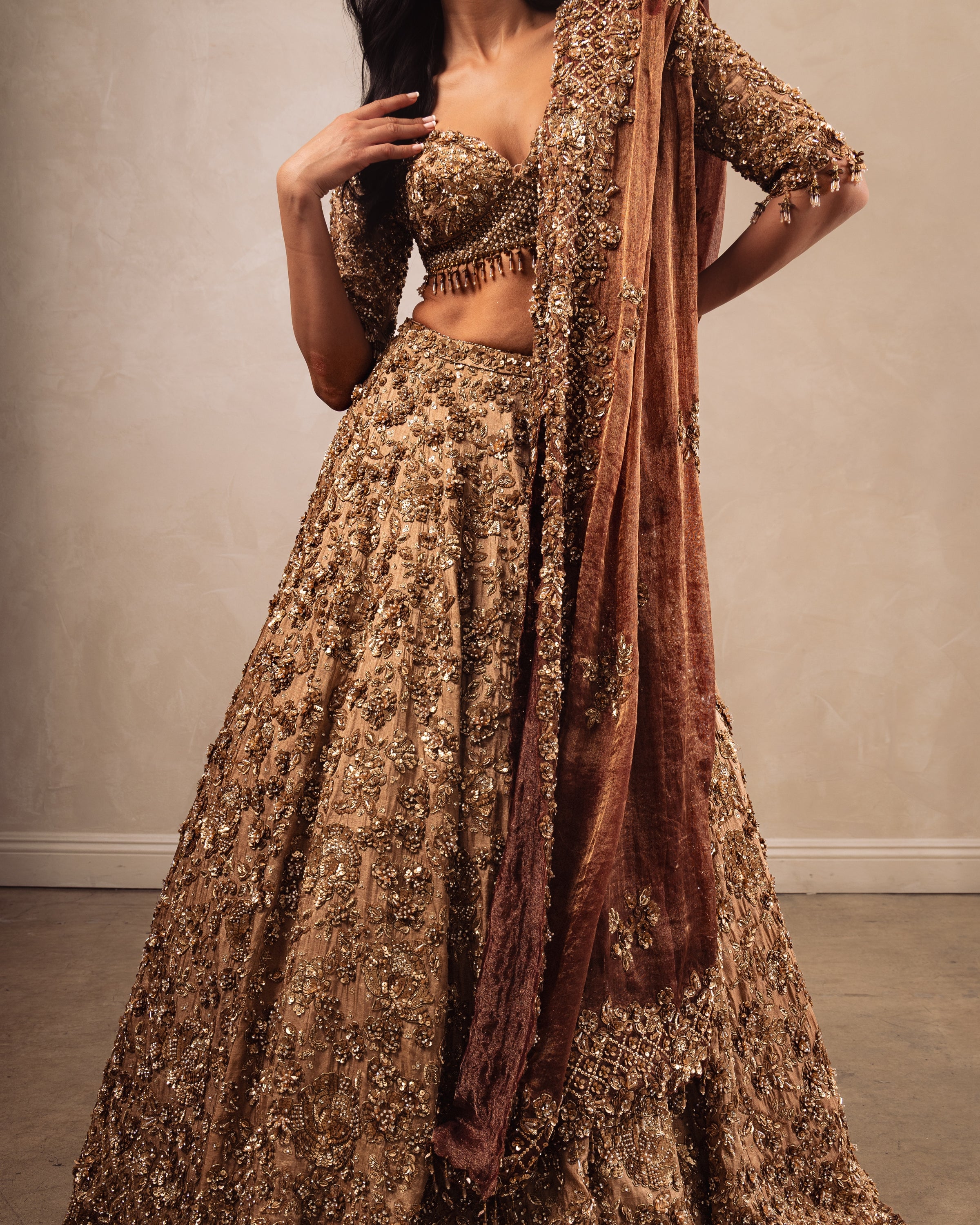 Gold Heavily Embroidered Lehenga Set With Rust Dupatta