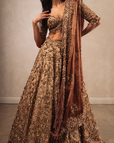 Gold Heavily Embroidered Lehenga Set With Rust Dupatta