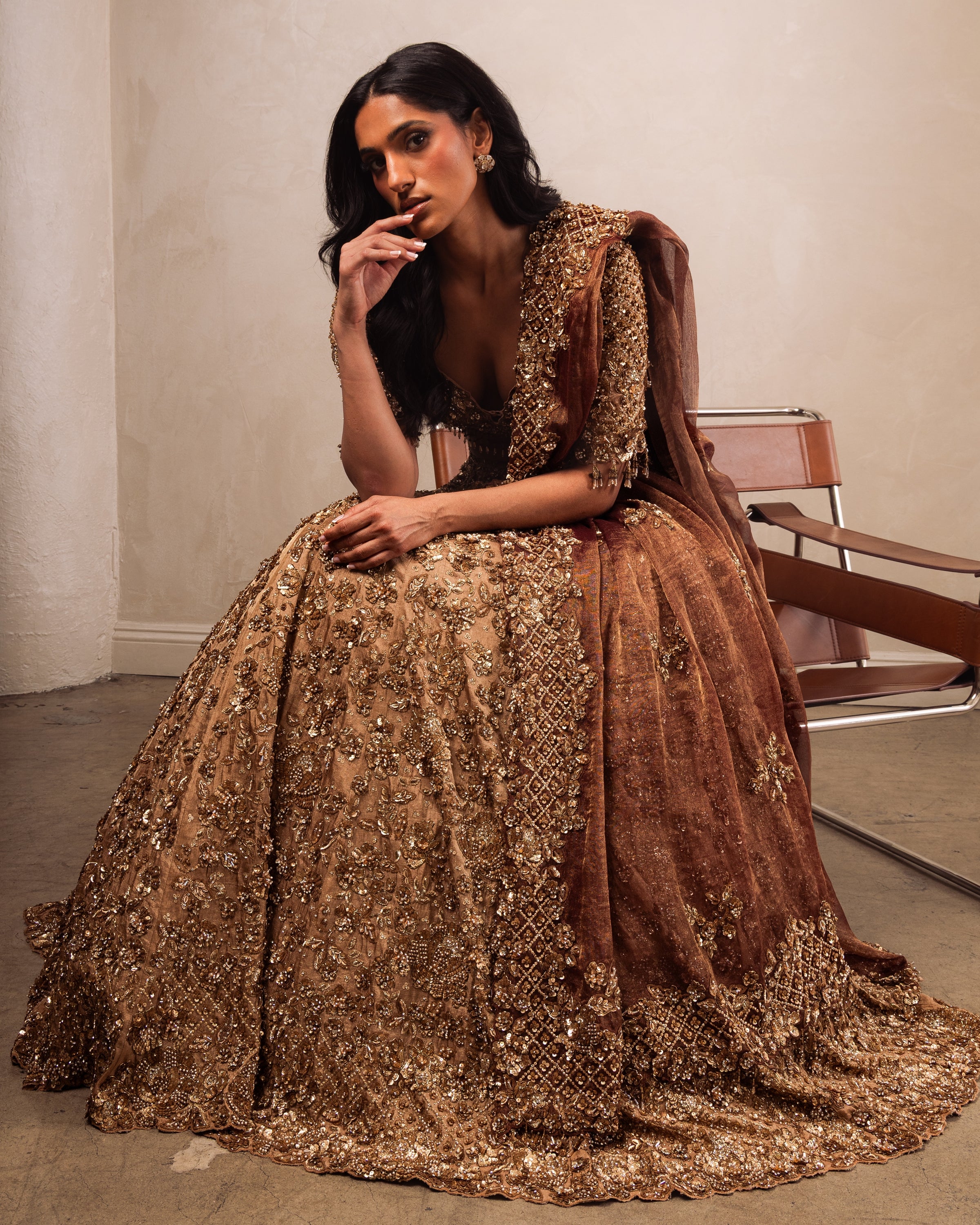 Gold Heavily Embroidered Lehenga Set With Rust Dupatta