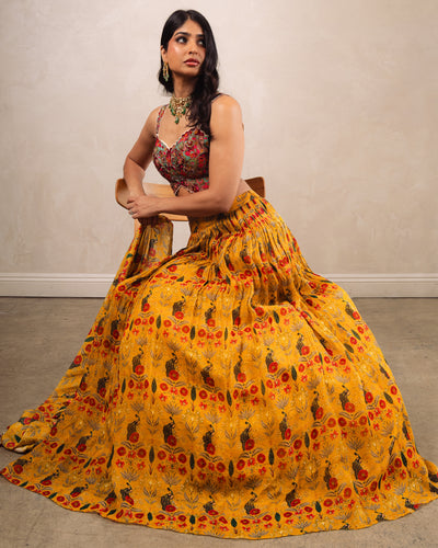 Beige Bustier With Mustard Gathering Skirt