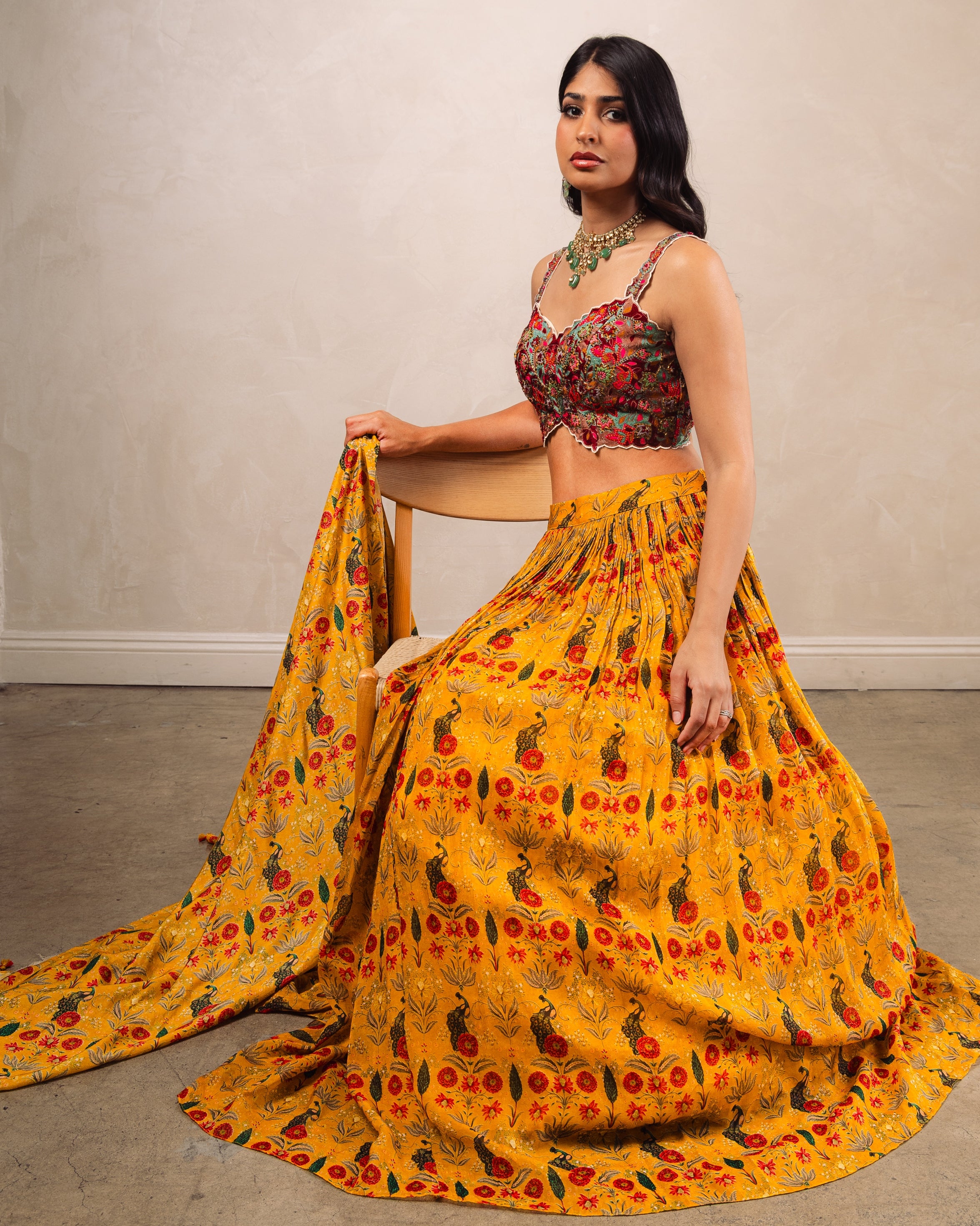 Beige Bustier With Mustard Gathering Skirt