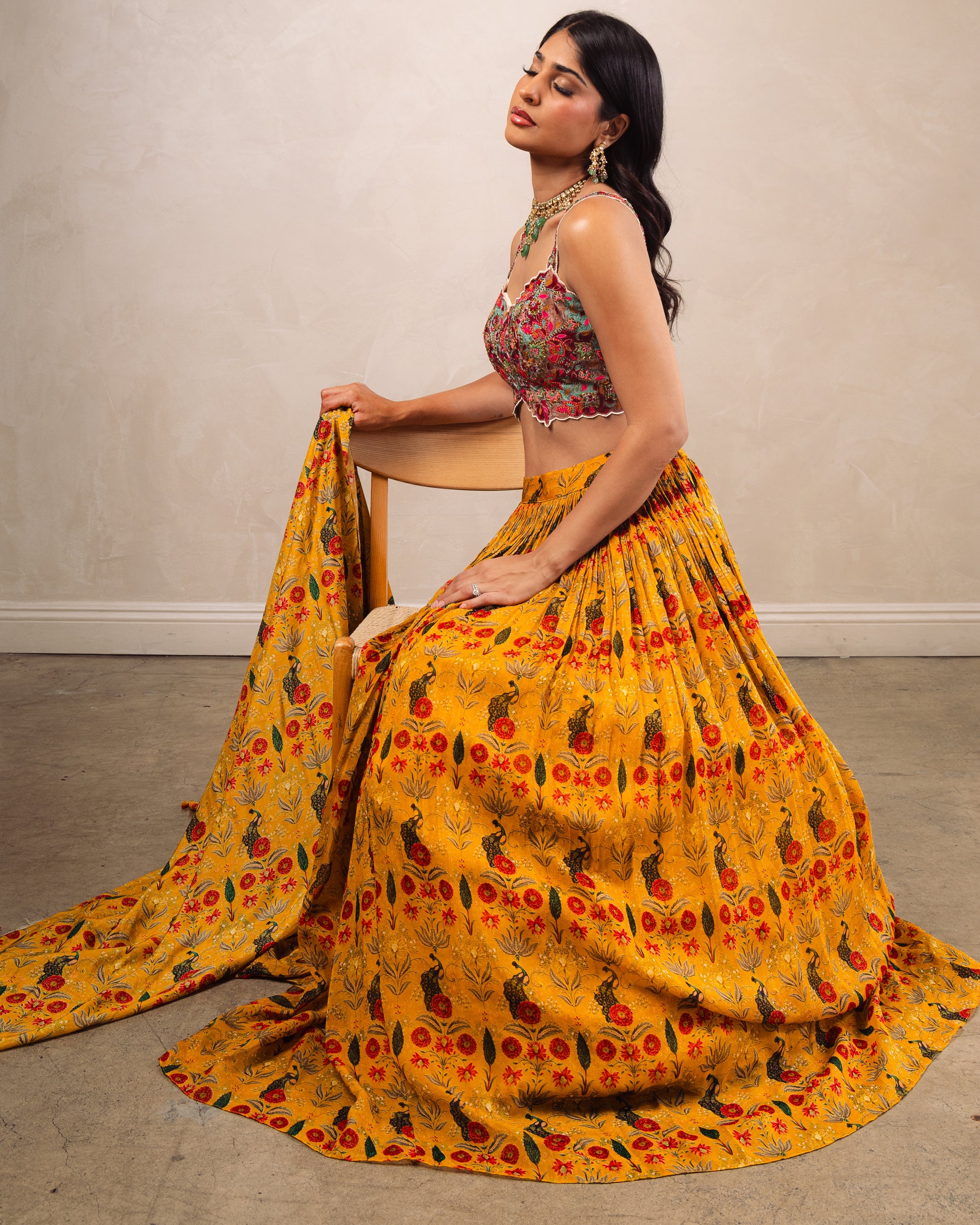 Beige Bustier With Mustard Gathering Skirt